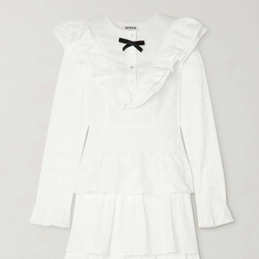 Batsheva White Ruffled Tiered Long Cotton Dress with Black Bow Medium US 6 - Picture 2 of 7
